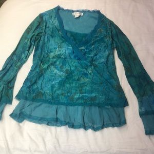 Dressbarn blue velvet floral lace sheer long sleeve size medium fairy core y2k